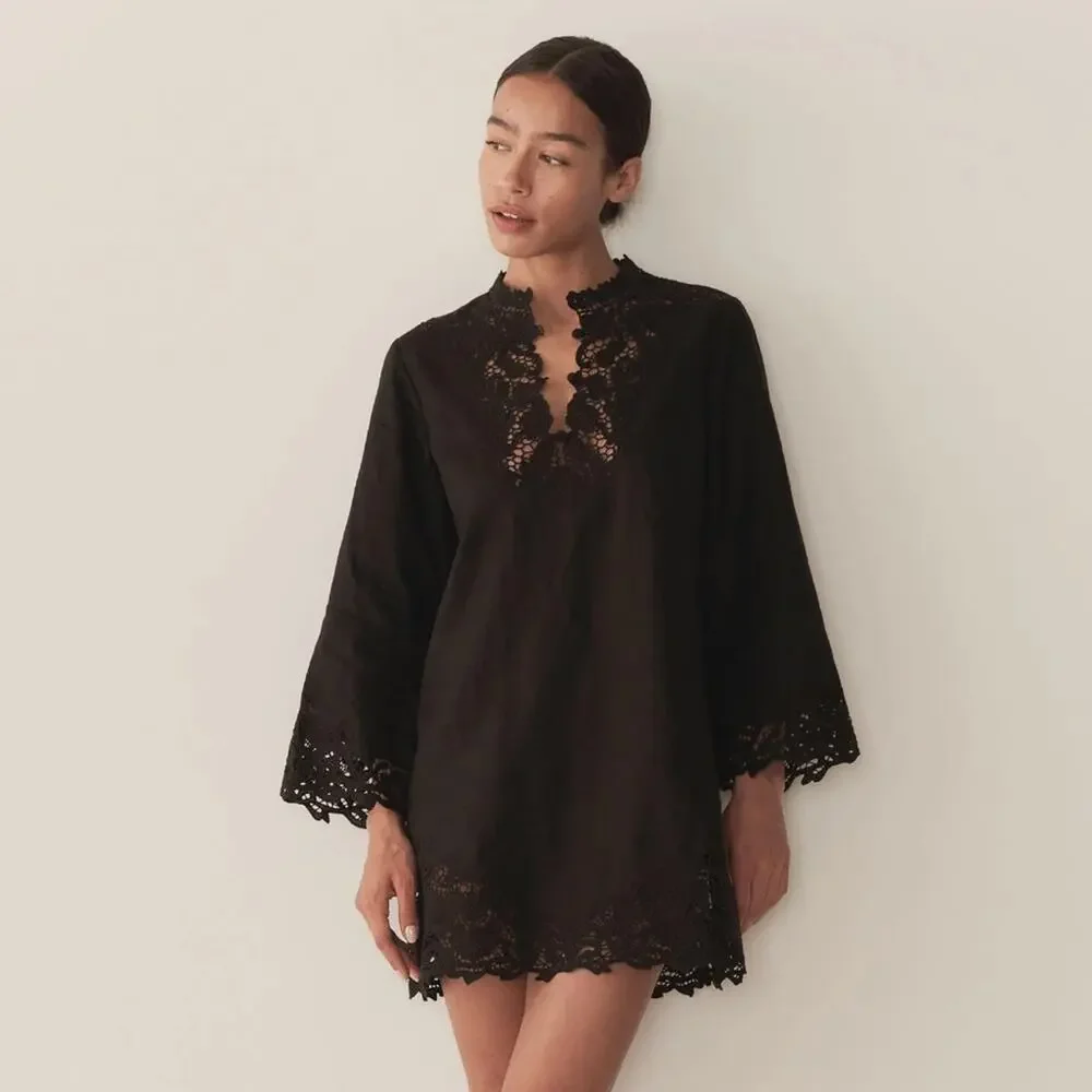 NWT Doen Roselie Linen Lace Crochet Collar 3/4 Sleeve Tunic Mini Dress Black - Picture 5 of 16